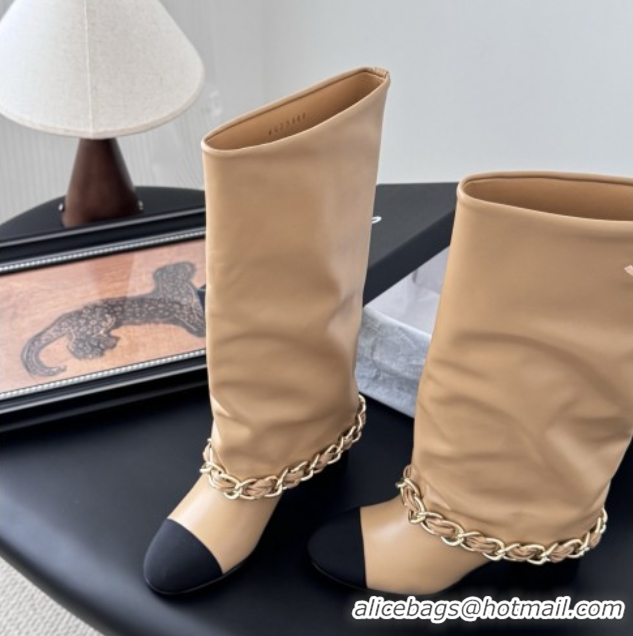 Sumptuous Chanel High Boots in Lambskin & Grosgrain 5cm Heel G46677 Beige