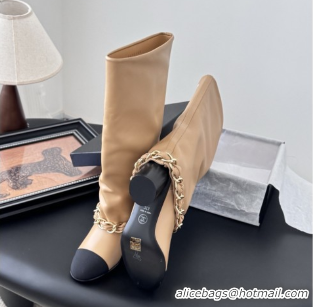 Sumptuous Chanel High Boots in Lambskin & Grosgrain 5cm Heel G46677 Beige