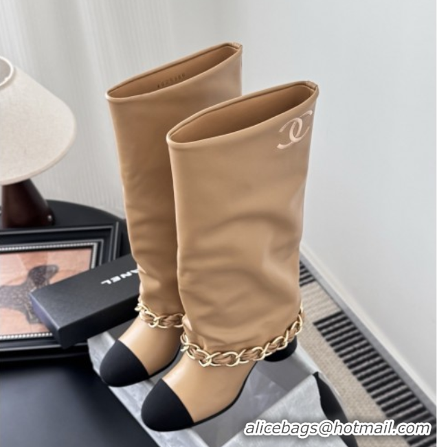 Sumptuous Chanel High Boots in Lambskin & Grosgrain 5cm Heel G46677 Beige