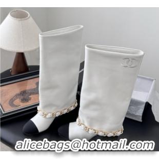 Stylish Chanel High Boots in Lambskin & Grosgrain 5cm Heel G46677 White 5082603