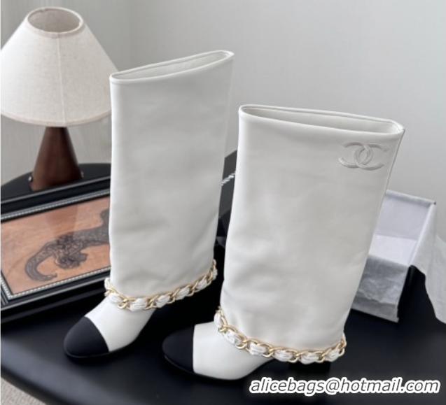 Stylish Chanel High Boots in Lambskin & Grosgrain 5cm Heel G46677 White 5082603