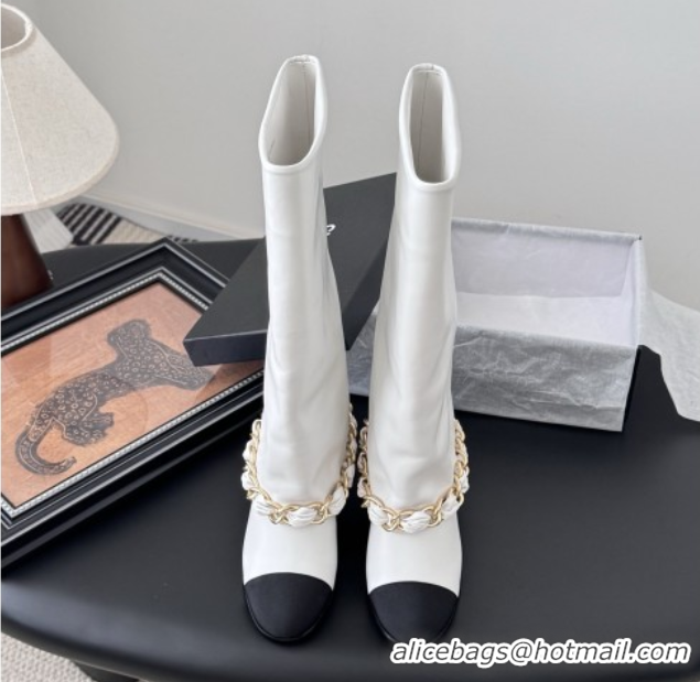 Stylish Chanel High Boots in Lambskin & Grosgrain 5cm Heel G46677 White 5082603