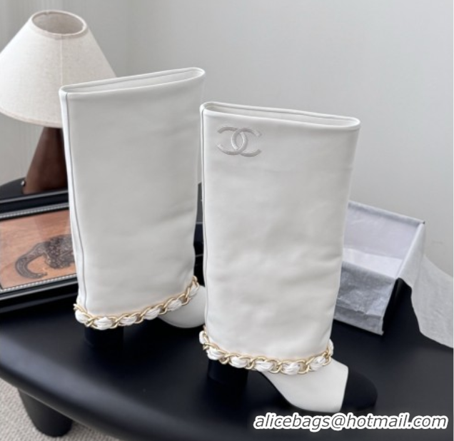 Stylish Chanel High Boots in Lambskin & Grosgrain 5cm Heel G46677 White 5082603