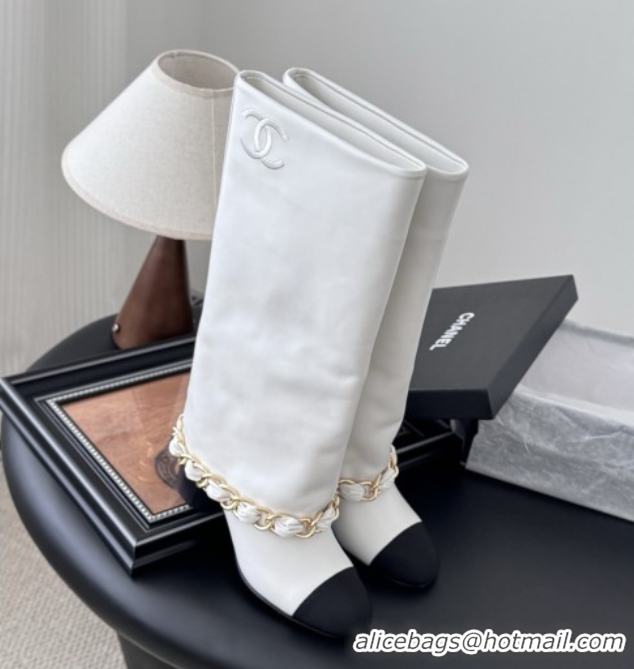 Stylish Chanel High Boots in Lambskin & Grosgrain 5cm Heel G46677 White 5082603