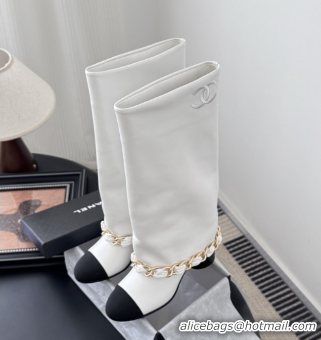 Stylish Chanel High Boots in Lambskin & Grosgrain 5cm Heel G46677 White 5082603