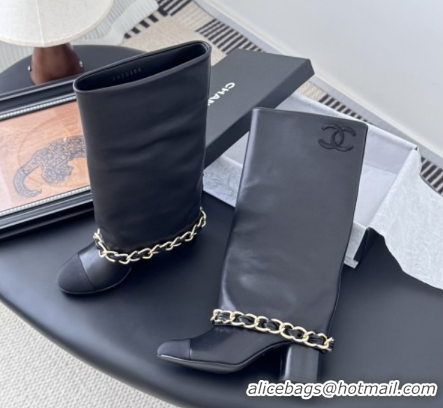 Good Quality Chanel High Boots in Lambskin & Grosgrain 5cm Heel G46677 Black 5082602