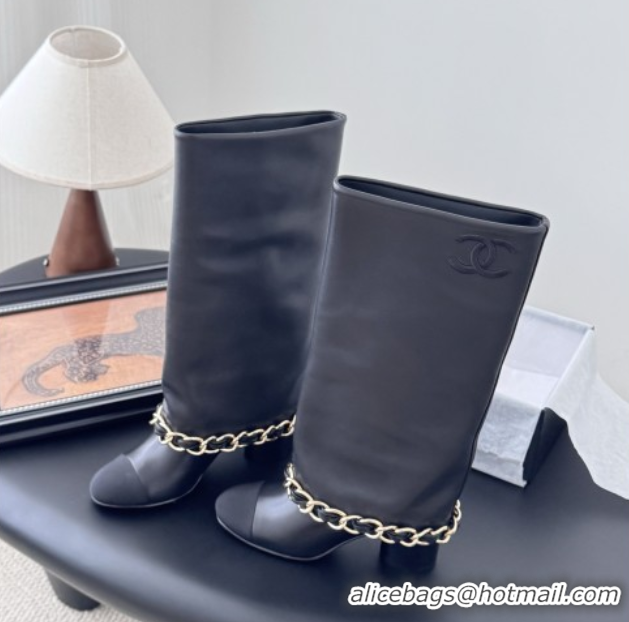 Good Quality Chanel High Boots in Lambskin & Grosgrain 5cm Heel G46677 Black 5082602