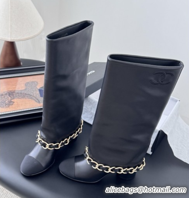 Good Quality Chanel High Boots in Lambskin & Grosgrain 5cm Heel G46677 Black 5082602