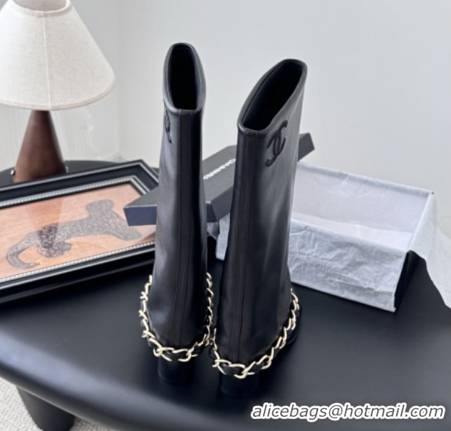 Good Quality Chanel High Boots in Lambskin & Grosgrain 5cm Heel G46677 Black 5082602