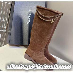 Grade Quality Chanel Suede Flat High Boots 3.5cm with Dropped Chain Dark Brown CH083001