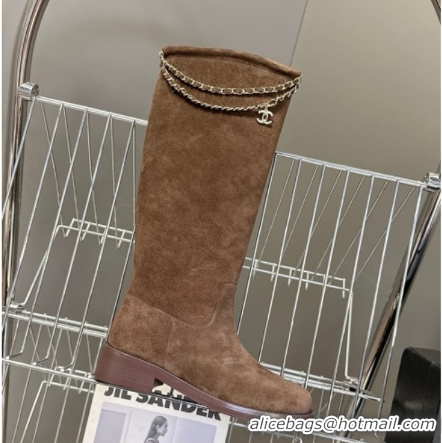 Grade Quality Chanel Suede Flat High Boots 3.5cm with Dropped Chain Dark Brown CH083001