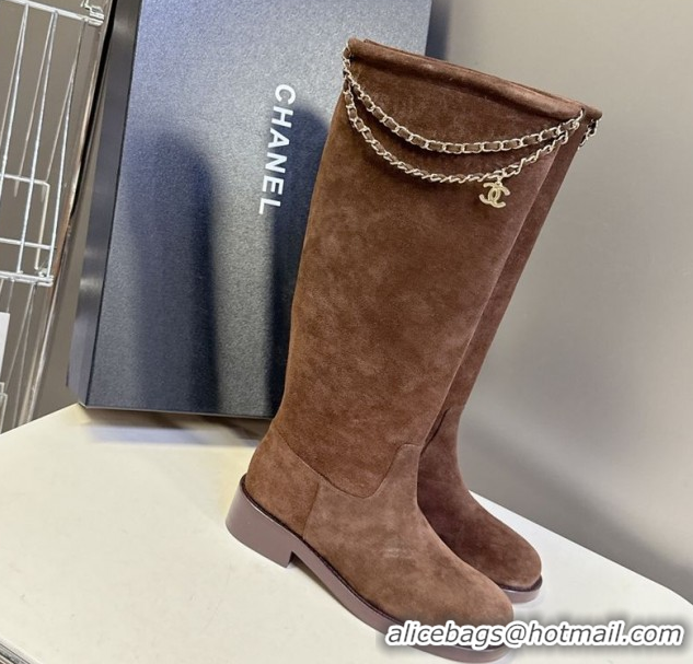 Grade Quality Chanel Suede Flat High Boots 3.5cm with Dropped Chain Dark Brown CH083001