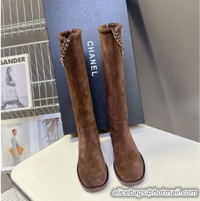 Grade Quality Chanel Suede Flat High Boots 3.5cm with Dropped Chain Dark Brown CH083001