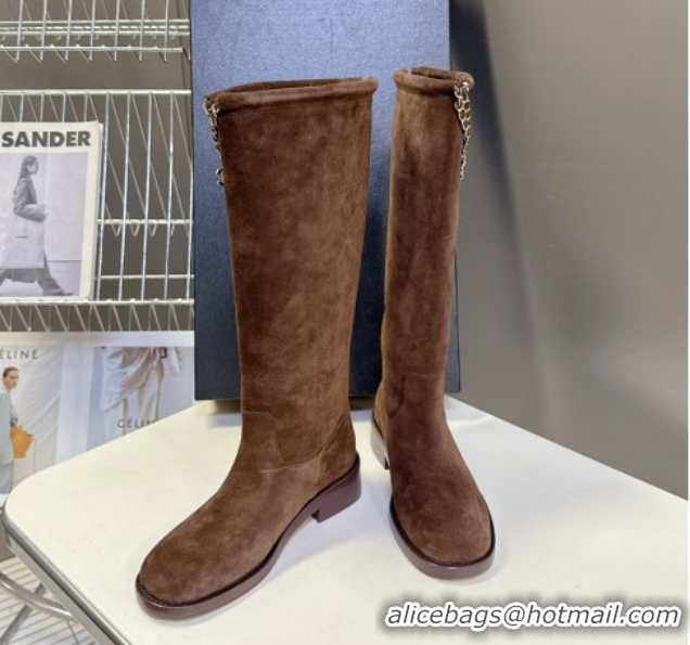 Grade Quality Chanel Suede Flat High Boots 3.5cm with Dropped Chain Dark Brown CH083001