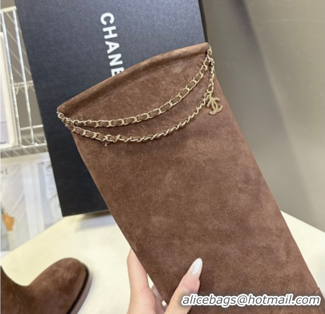 Grade Quality Chanel Suede Flat High Boots 3.5cm with Dropped Chain Dark Brown CH083001