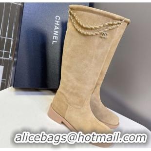 Pretty Style Chanel Suede Flat High Boots 3.5cm with Dropped Chain Beige CH083001 50830002