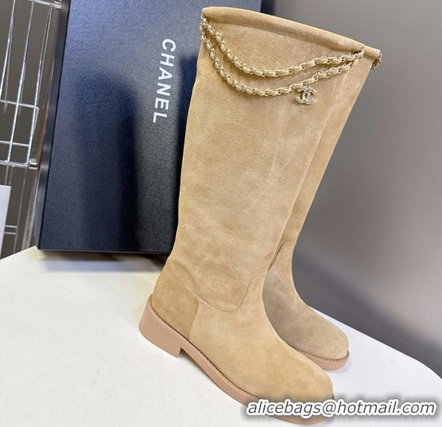 Pretty Style Chanel Suede Flat High Boots 3.5cm with Dropped Chain Beige CH083001 50830002