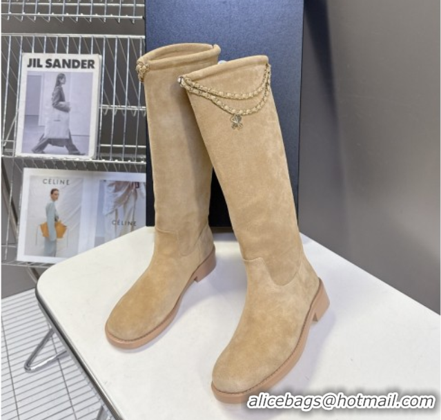 Pretty Style Chanel Suede Flat High Boots 3.5cm with Dropped Chain Beige CH083001 50830002