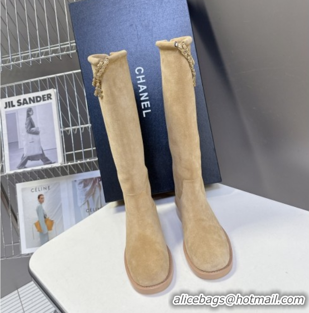 Pretty Style Chanel Suede Flat High Boots 3.5cm with Dropped Chain Beige CH083001 50830002