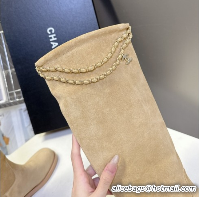Pretty Style Chanel Suede Flat High Boots 3.5cm with Dropped Chain Beige CH083001 50830002