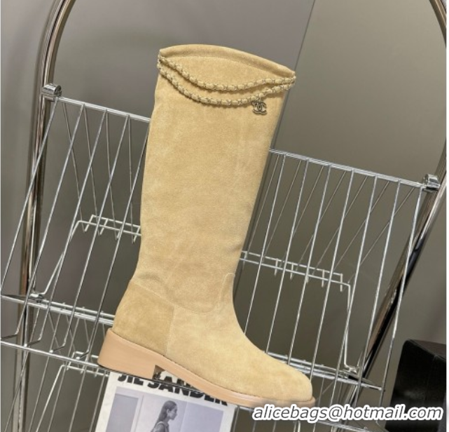 Pretty Style Chanel Suede Flat High Boots 3.5cm with Dropped Chain Beige CH083001 50830002