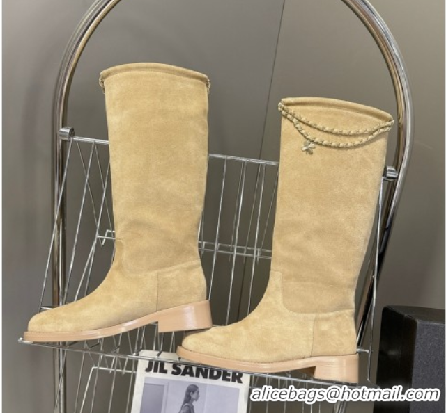 Pretty Style Chanel Suede Flat High Boots 3.5cm with Dropped Chain Beige CH083001 50830002