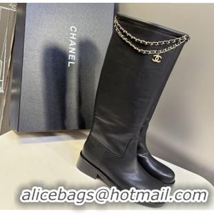 Top Design Chanel Calfskin Leather Flat High Boots 3.5cm with Dropped Chain Black 2025 CH083001 50830003