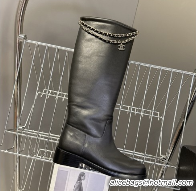Top Design Chanel Calfskin Leather Flat High Boots 3.5cm with Dropped Chain Black 2025 CH083001 50830003