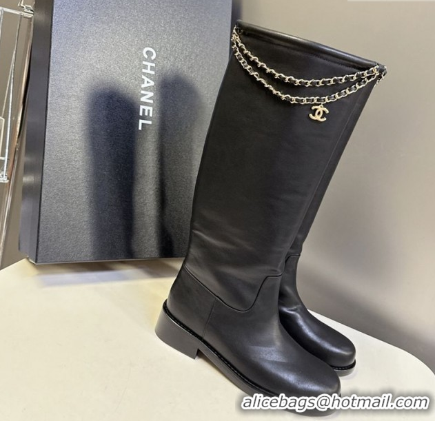 Top Design Chanel Calfskin Leather Flat High Boots 3.5cm with Dropped Chain Black 2025 CH083001 50830003