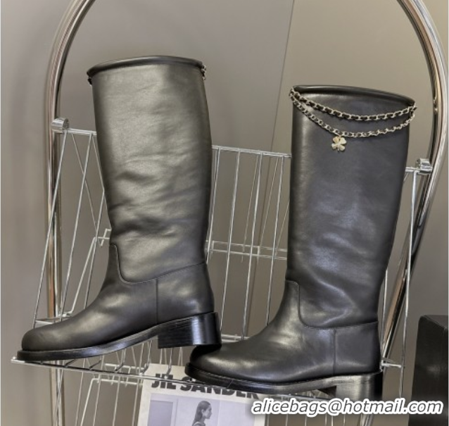 Top Design Chanel Calfskin Leather Flat High Boots 3.5cm with Dropped Chain Black 2025 CH083001 50830003