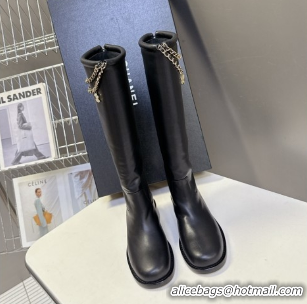 Top Design Chanel Calfskin Leather Flat High Boots 3.5cm with Dropped Chain Black 2025 CH083001 50830003