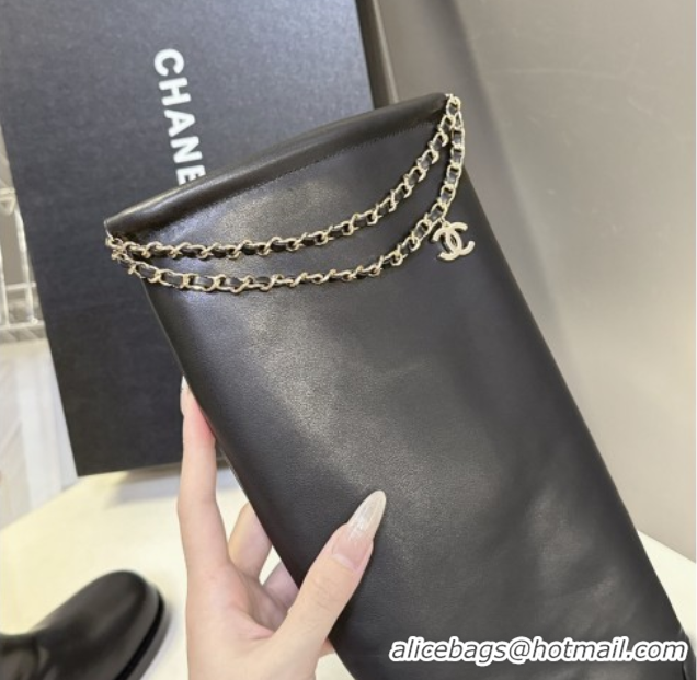 Top Design Chanel Calfskin Leather Flat High Boots 3.5cm with Dropped Chain Black 2025 CH083001 50830003