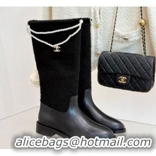 Top Grade Chanel Tweed & Calfskin Flat High Boots 3.5cm with Dropped Pearls Black 2025 CH083001 50830010