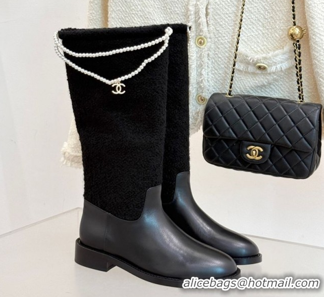 Top Grade Chanel Tweed & Calfskin Flat High Boots 3.5cm with Dropped Pearls Black 2025 CH083001 50830010