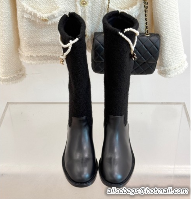 Top Grade Chanel Tweed & Calfskin Flat High Boots 3.5cm with Dropped Pearls Black 2025 CH083001 50830010