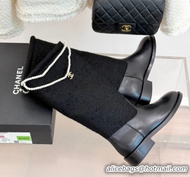 Top Grade Chanel Tweed & Calfskin Flat High Boots 3.5cm with Dropped Pearls Black 2025 CH083001 50830010