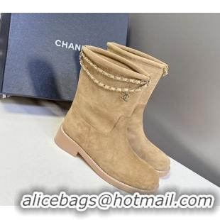 Best Grade Chanel Suede Flat Ankle Boots 3.5cm with Dropped Chain Beige CH083001 50830004