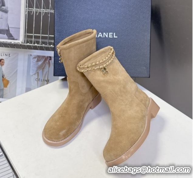 Best Grade Chanel Suede Flat Ankle Boots 3.5cm with Dropped Chain Beige CH083001 50830004
