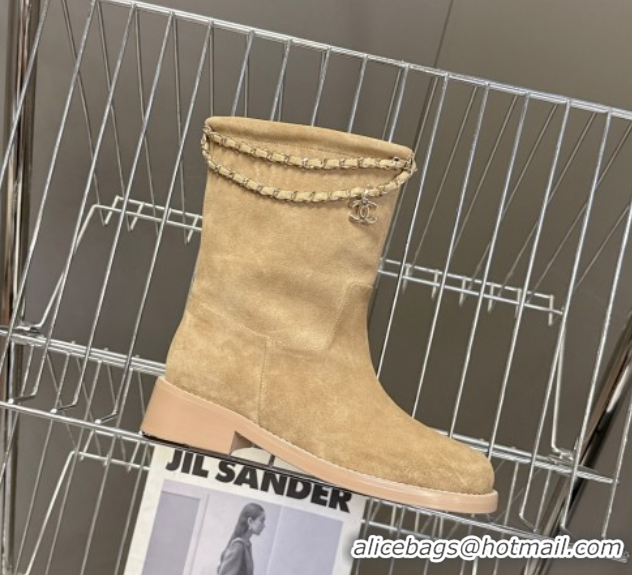 Best Grade Chanel Suede Flat Ankle Boots 3.5cm with Dropped Chain Beige CH083001 50830004