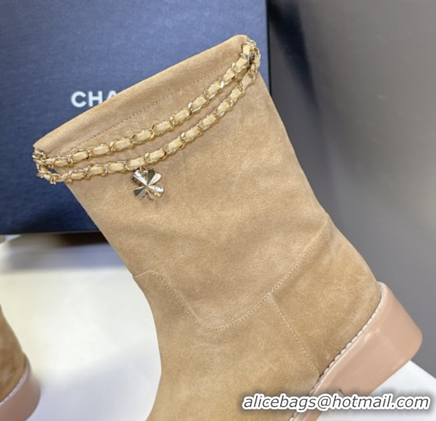 Best Grade Chanel Suede Flat Ankle Boots 3.5cm with Dropped Chain Beige CH083001 50830004