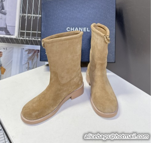 Best Grade Chanel Suede Flat Ankle Boots 3.5cm with Dropped Chain Beige CH083001 50830004