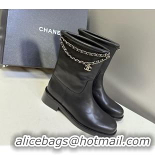Unique Style Chanel Calfskin Leather Flat Ankle Boots 3.5cm with Dropped Chain Black 2025 CH083001 0830005
