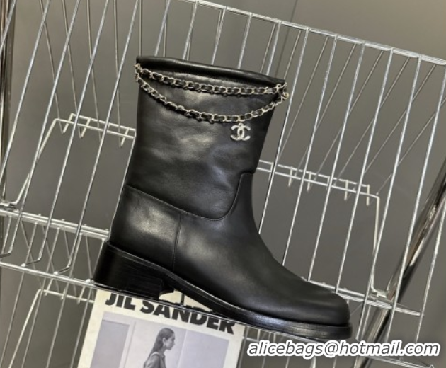 Unique Style Chanel Calfskin Leather Flat Ankle Boots 3.5cm with Dropped Chain Black 2025 CH083001 0830005