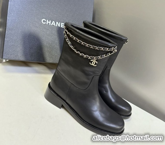 Unique Style Chanel Calfskin Leather Flat Ankle Boots 3.5cm with Dropped Chain Black 2025 CH083001 0830005