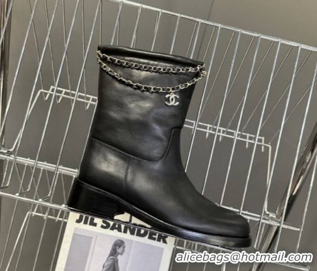 Unique Style Chanel Calfskin Leather Flat Ankle Boots 3.5cm with Dropped Chain Black 2025 CH083001 0830005