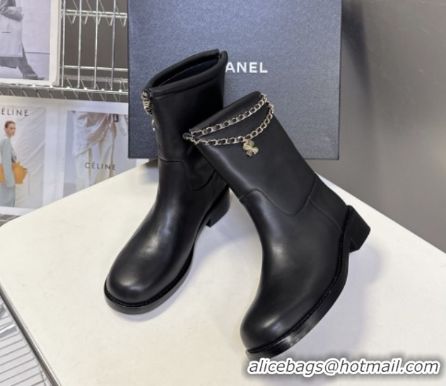 Unique Style Chanel Calfskin Leather Flat Ankle Boots 3.5cm with Dropped Chain Black 2025 CH083001 0830005