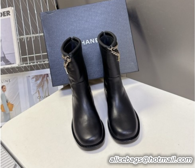 Unique Style Chanel Calfskin Leather Flat Ankle Boots 3.5cm with Dropped Chain Black 2025 CH083001 0830005