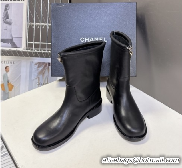 Unique Style Chanel Calfskin Leather Flat Ankle Boots 3.5cm with Dropped Chain Black 2025 CH083001 0830005