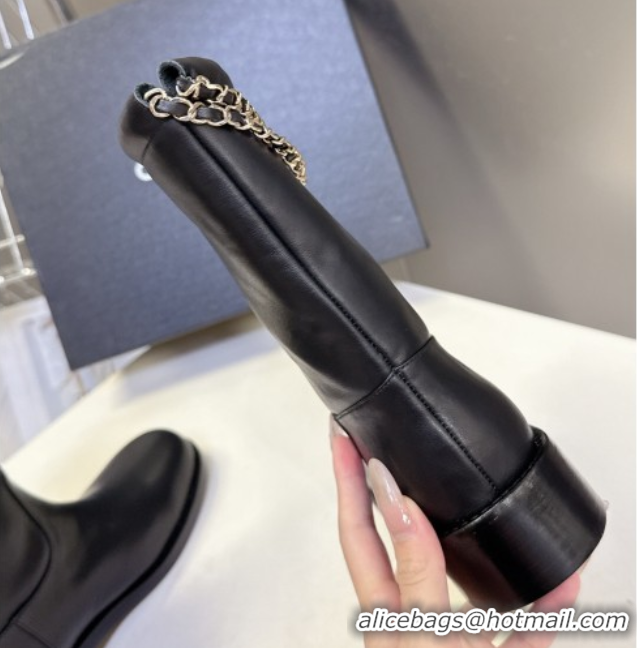 Unique Style Chanel Calfskin Leather Flat Ankle Boots 3.5cm with Dropped Chain Black 2025 CH083001 0830005