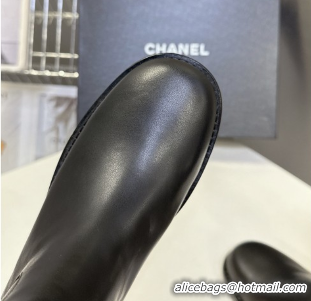 Unique Style Chanel Calfskin Leather Flat Ankle Boots 3.5cm with Dropped Chain Black 2025 CH083001 0830005